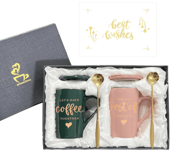 A gift set with coffee mugs and spoons.